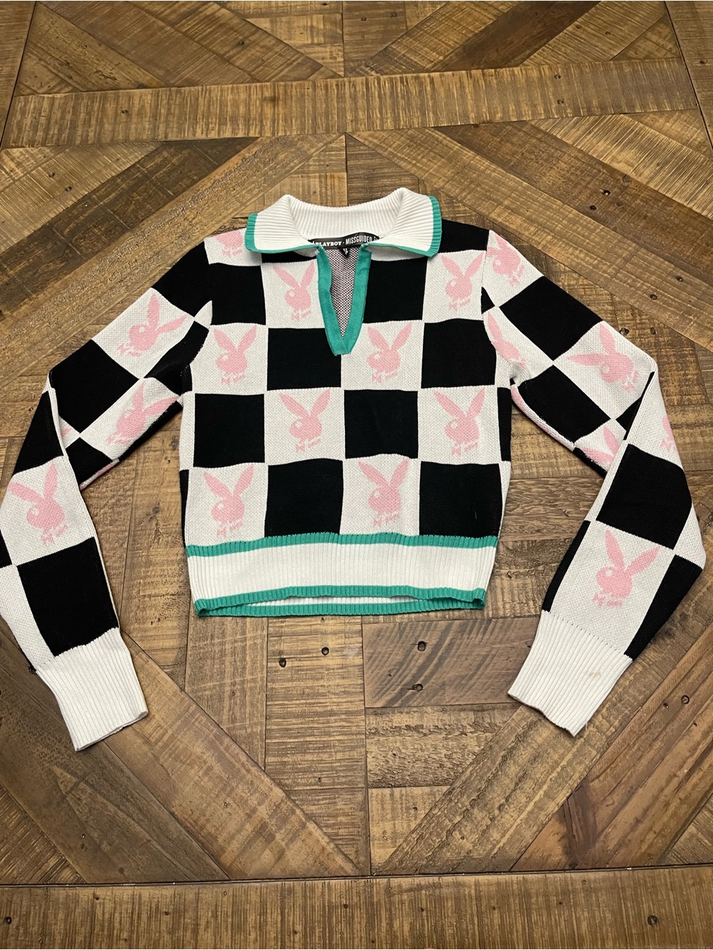 Playboy x Missguided Checkerboard Bunny Knit Polo Sweater